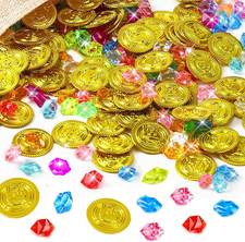 246 Pcs Pirate Treasure Gems and Gold Coins Plastic Gems Jewels Fake Pirate Gold