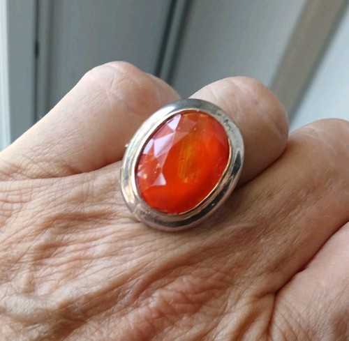 Upcycled Vintage Boho Statement Ring Orange Glass Cabochon Adjustable