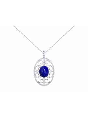 RYLOS LAPIS & DIAMOND DESIGNER HALO PENDANT NECKLACE 18'' STERLING SILVER