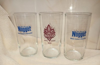 2 Vintage Nugget Casino Highball Glasses PLUS 1 ELDORADO Casino Reno Glass 8 Oz.