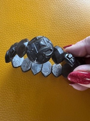 Exquisite Antique Victorian Whitby Jet bracelet carved bead perfect cond elastic