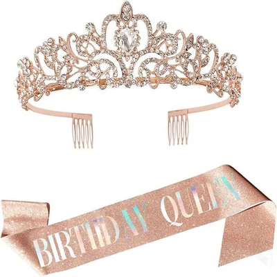 Ladies Birthday Party Queen Tiara and Sash Crystal Crown Headband Shoulder Strap