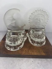 Vintage Partylite Celestial Frosted Clear Glass Moon and Sun Candle Holders