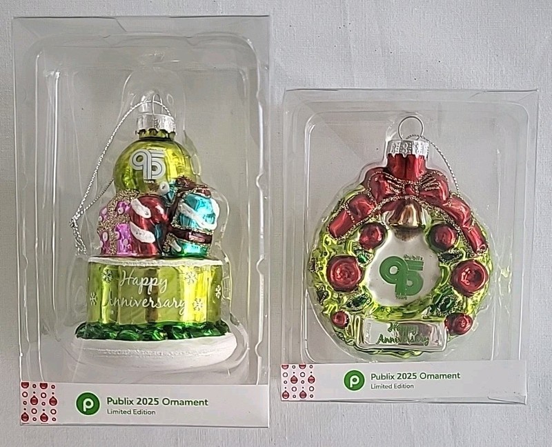 Set of 2, Publix, 95th Anniversary, 2025 Christmas Ornaments
