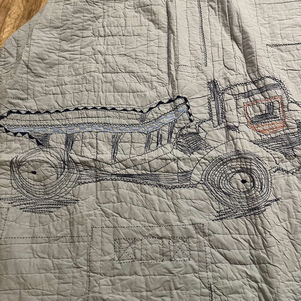 Pottery Barn Kids Construction Trucks Vehicles Quilt Gray Blue Cotton Twin Size - Image 3 of 4