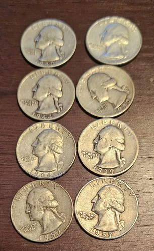Lot of 8 Circulated 90% Silver Washington Quarters-All In Good Condition