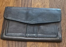 Fossil Brown Leather Trifold Wallet Snaps Zips Ladies VTG READ