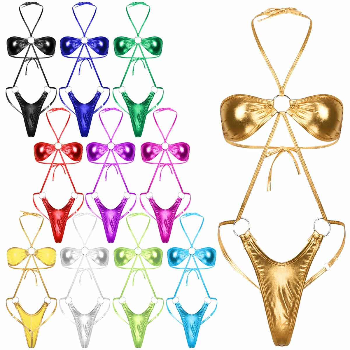 Women Metallic One-Piece Sling Shot Micro Bikini Halter Thongs Bodysuit  Swimsuit