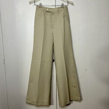 Vintage 70s Beige Khaki Lightweight Polyester Bell Bottom Flare High Rise Pants