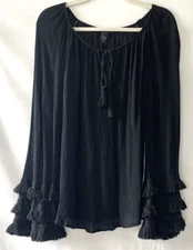 Inc International Concept Womens Black Key Hole Tie Neck Fringe Sleeves XL