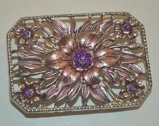 Purple Floral Lady's Belt Buckle Silvertone Edge