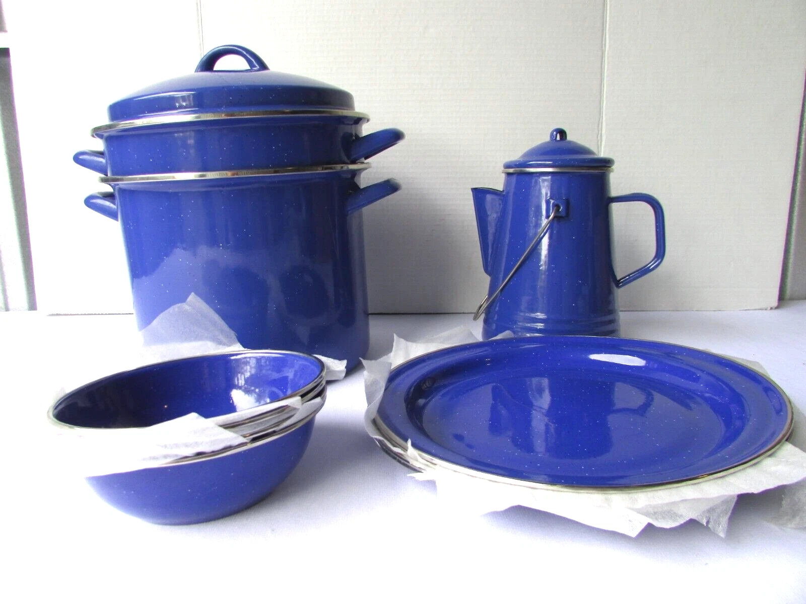 Blue Porcelain Enamel On Steel Cookware Set, Stockpot, Coffee Pot, Bowls, Plates