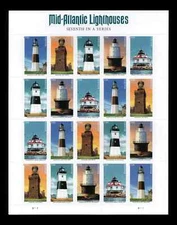 US 5621-5625, 2022 Mid-Atlantic Lighthouses Stamp Sheet, 20 Forever Stamps