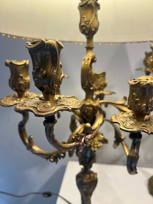 Antique Vintage Pair French Dore Bronze Lamps Candelabra Center