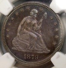 QUARTIER ASSIS LIBERTY 1879 EXTRÊMEMENT RARE SEULEMENT 1100 FRAPPÉS ÉPREUVE NGC 65 PQ GEM +