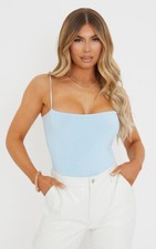 PrettyLittleThing Pastel Blue Slinky Square Neck Spaghetti Strap Bodysuit US 12