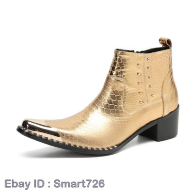 Zip Pointy Toe Mens Block Heel Chelsea Ankle Boots Real Leather Western  Clubwear