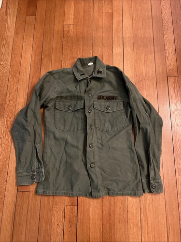Vintage Vietnam War US Army Military OG107 Sateen Shirt Forest Green 14.5x33
