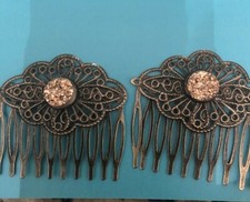  2 Champagne Gold Glitter Cabochon Vintage Bronze Filigree small Hair Combs