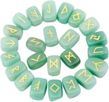 Rune Stones Set with Engraved Elder Futhark Alphabet Crystal Reiki Green Quartz