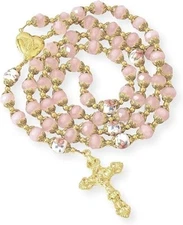 Pink Jade Crystal Beads Gold Rosary Necklace Miraculous Locket Medal &  Cross