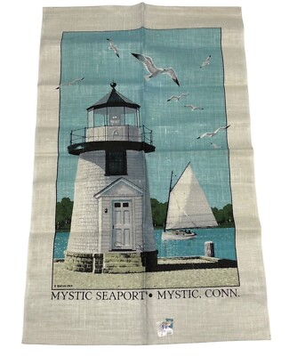Mystic Seaport Lighthouse Tea Towel Linen Vintage New England Nautical 16x28