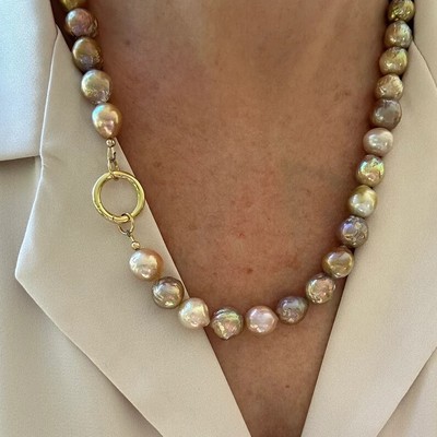 Large 12mm Mauve Pink Baroque Pearl Necklace with Gold Filled Push Gate Clasp