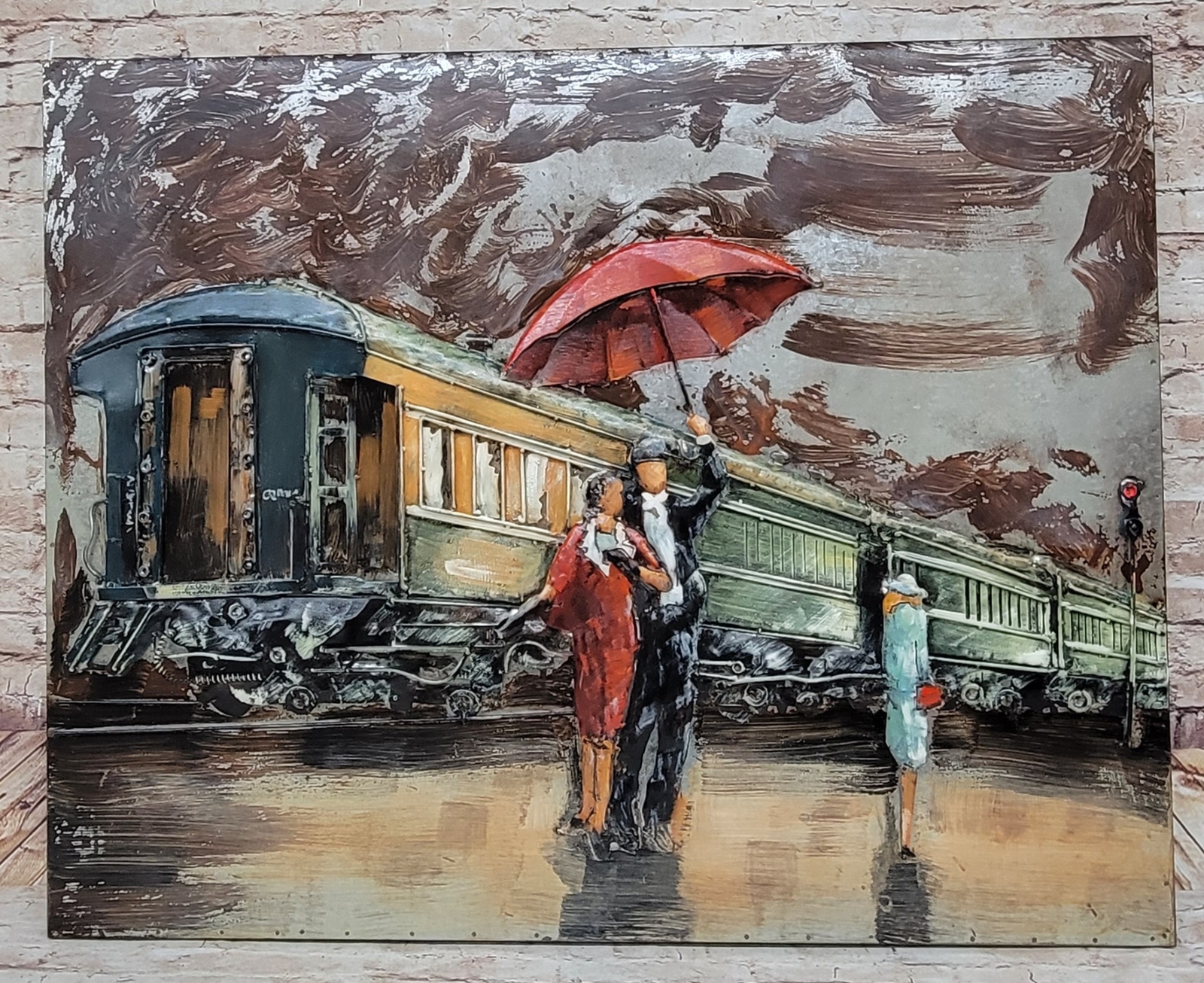 Espera para Tren Sobre Un Lluvioso Día 3-D Aceite Pintura En Metal Lienzo Oferta