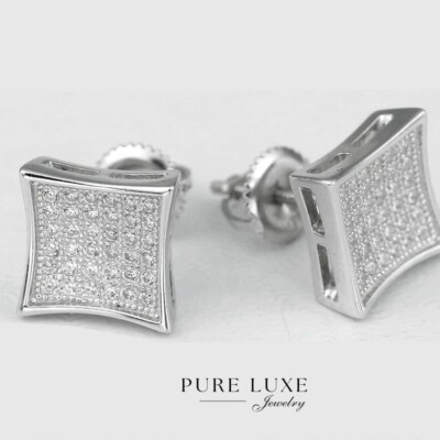 Men's Sterling Silver 925 Cubic zirconia 9mm Square Pairs Earring,Unisex  Box