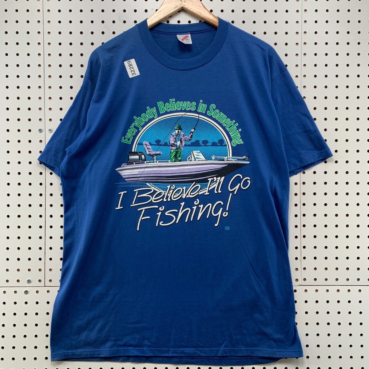Vintage 80s FIshing Shirt Mens Fits XL Blue Single Stitch Boat 