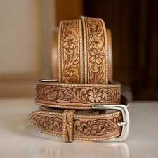 Beaded Western Belt Cowboy Rodeo Full Grain Leather Hand Tooled Removable Buckle