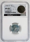 1943-D 1c Lincoln Steel Wheat Cent NGC MS65 WWII M6 Bazooka Rocket Bag Fragment