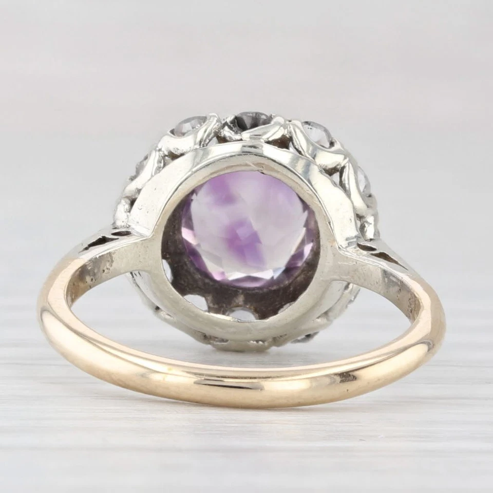 Anillo Halo Vidrio Amatista Vintage 1.15ct Oro Amarillo Blanco 9k Talla 5.5 Foto 4 de 4