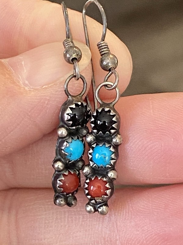 Vintage Native American Zuni Snake Eye Silver Turquoise Multi-Stone Earrings