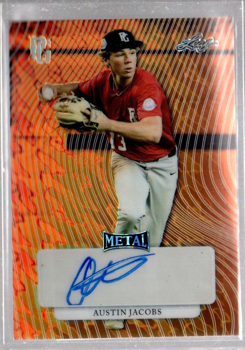Austin Jacobs 2023 Leaf Perfect Game metal Pre-Pro Proof Orange 1/1 Auto 