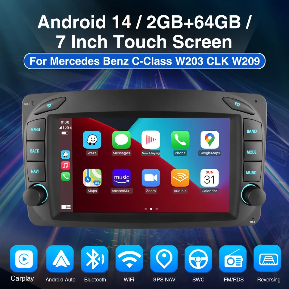 64G CarPlay Car Stereo Android 14 For Mercedes Benz C-W203 W209 CLK320 Radio GPS - Image 4 of 4