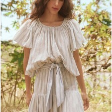 THE GREAT The Dale Flutter Sleeve Crop Top Women 1 Blue Saltwater Stripe Flutter