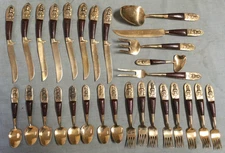 Vintage Siam Flatware Brass & Wood Service For 8 - Thailand 29 Piece Total