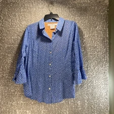 Gretchen Scott Shirt Women's L Blouse Blue Ruffle Sleeve Cotton Preppy Designer