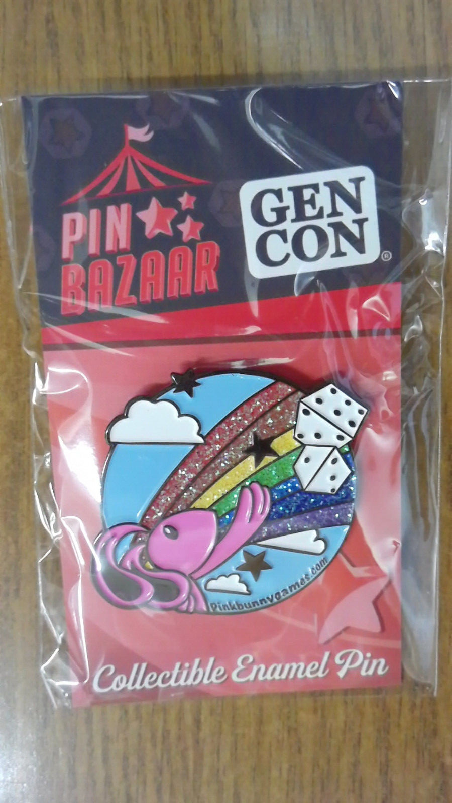 GenCon Pin Bazaar Pink Bunny Rainbow Enamel Pin - New Sealed