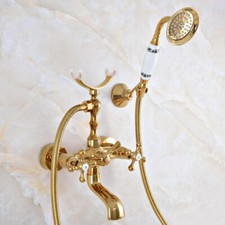 Polished Gold Wall Mounted Clawfoot Bath Tub Mixer Faucet Hand Shower Spray Tap