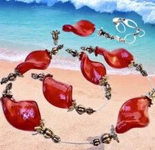 Original Designs Red Glass Beads Necklace Handcrafted Pretty NEW