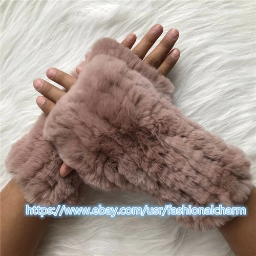 Womens Winter Real Rabbit Fur Gloves Knitted Stretch Fingerless Mitten Gloves - Picture 18 of 102