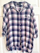 ATTENTION top shirt blouse L 14 Bust 44 Length 27 Multicolor Plaid for FALL