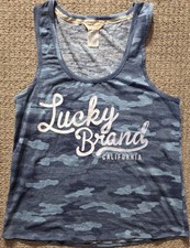 Lucky Brand Tank Top Womens L Blue Camouflage Spell Out Sleeveless Scoop Neck