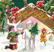 Christmas Snowman Children Tree Postcard Nash