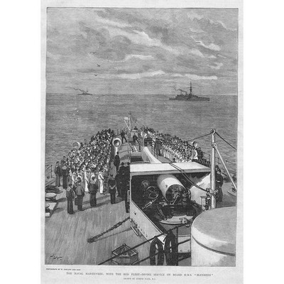 HMS BLENHEIM Gottesdienst mit der Roten Flotte - Antikdruck 1893