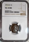 NGC VG-10 BN 1914-D Lincoln Cent, Nicely Detailed, Chocolate-Brown, Key-Date!