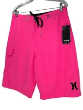 HURLEY Classic Board Shorts Mens 30” Neon Pink Black Embroidered Logo Recycled