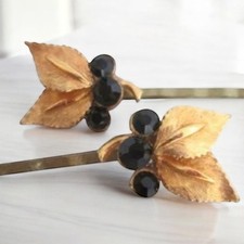 Formal Bridal Hairpins Gold Black Leaf Vintage Inspired Jewelry Handmade NWT